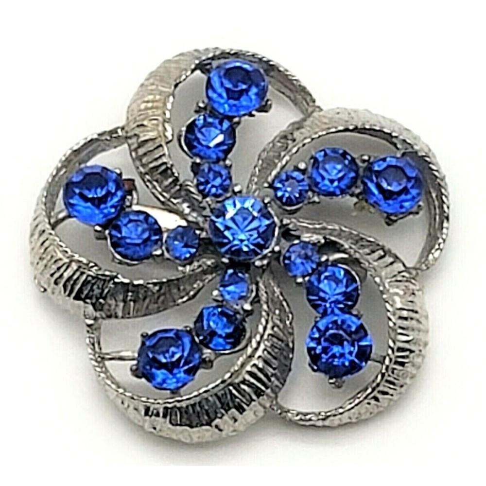 Vintage Blue Sapphire Rhinestone Brooch Pin Flower Pinwheel  Silver Tone Swirl